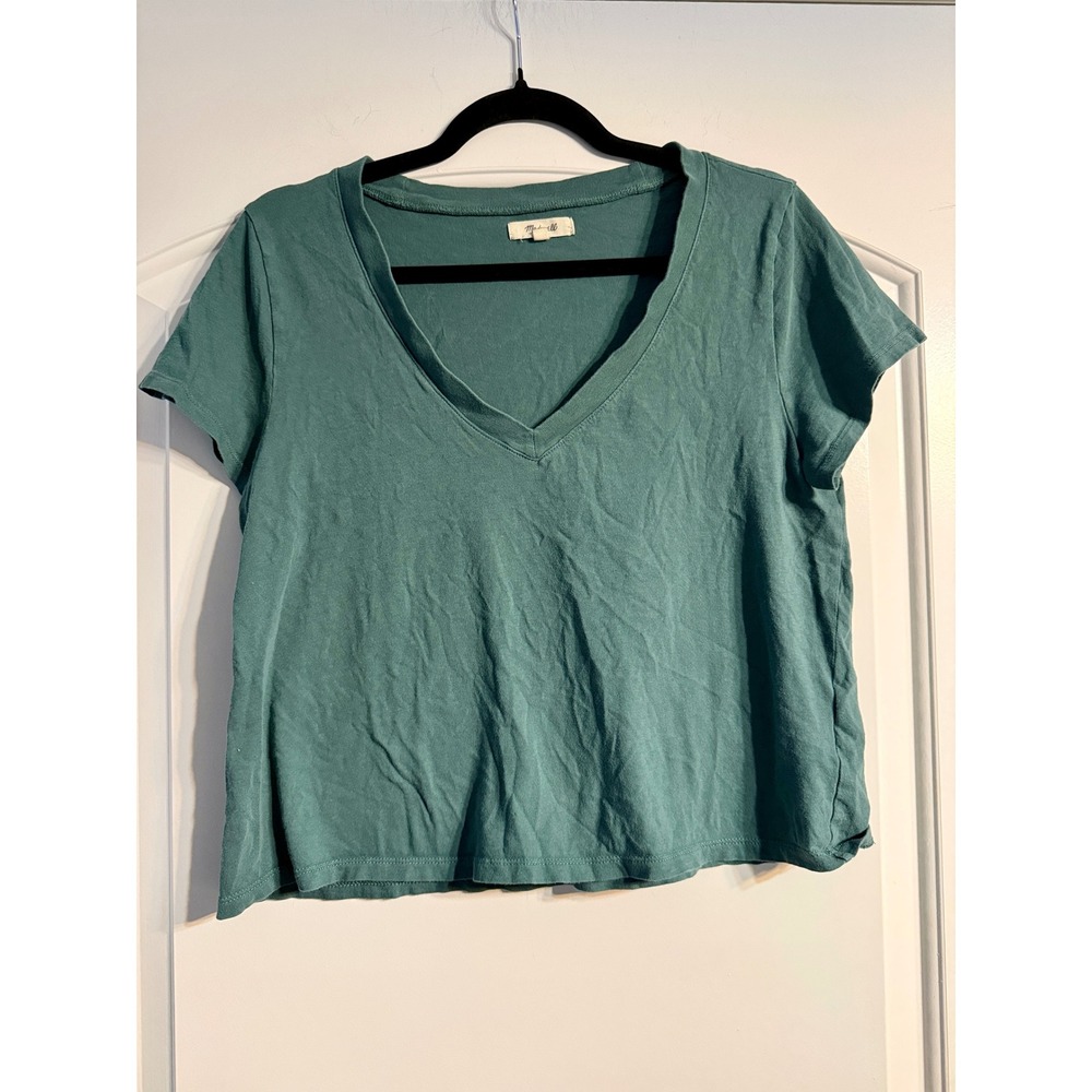 Madewell V-Neck T-Shirt Women Size M Teal Green Cotton Short Sleeve